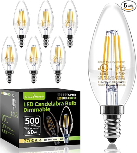 E12 Dimmable 60W Equivalent LED Chandelier Light Bulbs, 4.5W Clear 2700K Soft Warm White 500LM B11 Vintage Filament Candle Light, 6 Pack