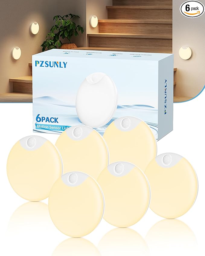 Motion Sensor Night Light,LED Rechargeable Indoor Night Lights,Magnetic Cabinet Light Closet Light for Kitchen Bedroom Bathroom Stairs 6 Pack (Warm Lamp)