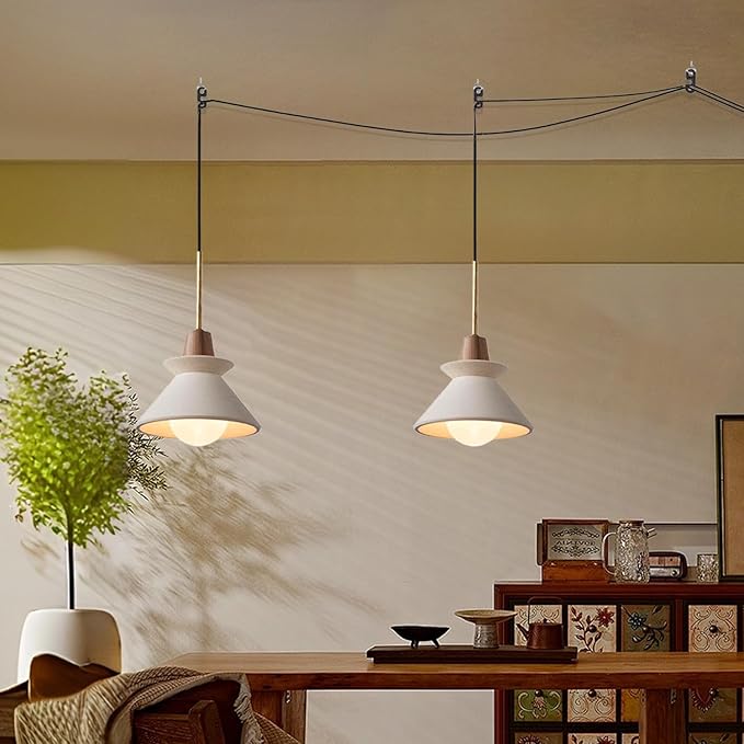 7.7" Plug in Concrete Pendant Light, Nordic Wabi Sabi Pendant Lamp with Wood Accent White Cement Pendant Light Minimalist Lamp for Living Room Bedside Kitchen Island Dining Room Apartment Dorm
