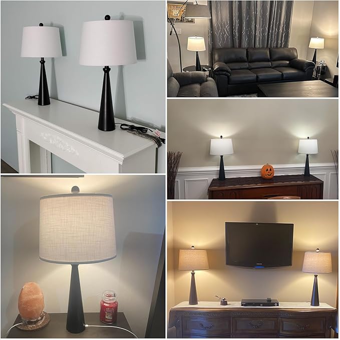 Oneach 25.75" Table Lamps Set of 2 for Living Room Bedroom, Bedside Lamp 3-Way Dimmable Touch Control, Modern Black Nightstand Light Fabric Shade Vintage Accent Style