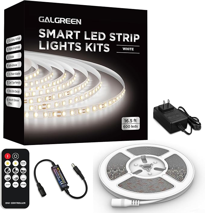 White LED Strip Lights, 16.4ft Dimmable Smart LED Light Strip 6500K Bright Daylight White, Strong Adhesive, 600 LEDs Flexible Tape Lights for Vantiy Mirror, Kitchen Cabinet, Bedroom