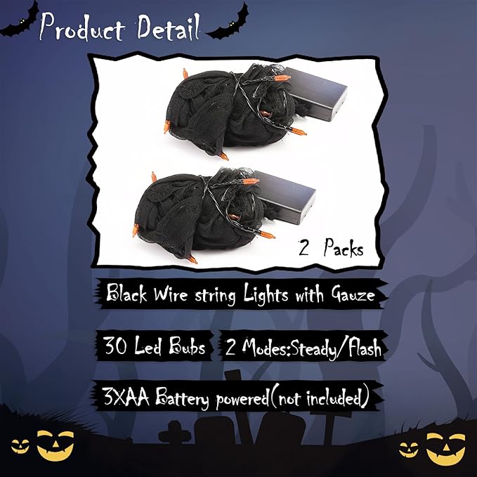 YAOZHOU Halloween Decorations String Lights Indoor, Orange 30LED with Black Gauze, Timer Battery Operated 9.9Ft Creepy Cloth Spooky Lights, Gothic Party Room Decor 2 Mode(2Pack)