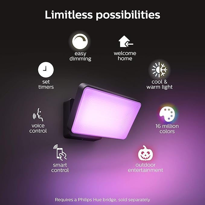 Philips Hue Discover Outdoor Smart Flood Light Fixture, Black - 15W, White and Color Ambiance LED Color-Changing Light - 2 Pack - Requires Hue Bridge - Control with Hue App and Voice - Weatherproof