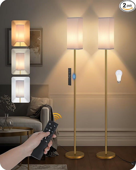 2Pack 64.2” Dimmable Floor Lamp for Living Room with Remote & Foot Switch, Corner Floor Lamp for Bedroom, Includes A19 Bulb, Modern Standing Tall Lamp, ETL Listed White and Gold DCW17LDP205