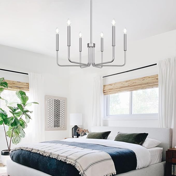 6-Light Farmhouse Chandelier for Dining Room Lighting Fixtures Hanging, Brushed Nickel Dining Light Fixtures Industrial Chandelier for Bedroom, Foyer, Hall, Kitchen, Living Room and Entryway