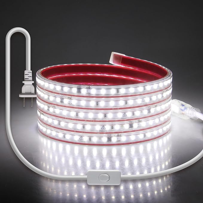 AC 110V LED Strip Lights Plug in with Switch Cold White 6000K 6.56FT/2M Self-Adhesive Flexible Outdoor Waterproof Ropes Light AC120V SMD2835 High Density 120LED/M LED Tape Light for Bedroom Patio