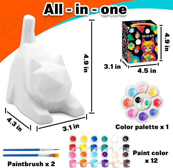 FUNZBO 4.3in Paint Your Own Cat Lamp Kit - Easter Basket Stuffers, Arts and Crafts Supplies Painting for Kids Teens, DIY Night Light Toy for Girls Boys Age 3 4 5 6 7 8 9 10 11 12 13 Birthday Gifts