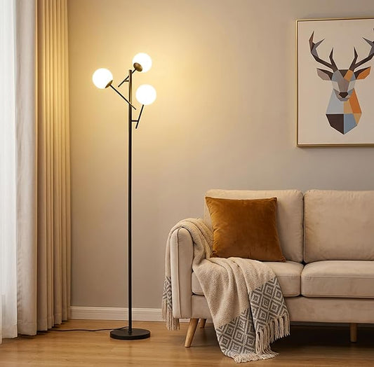 Fiqevs Mid Century Modern Floor Lamp -3 Adjustable Globe Lamps, Including LED Bulbs, Black Standing Light for Living Rooms bedrooms