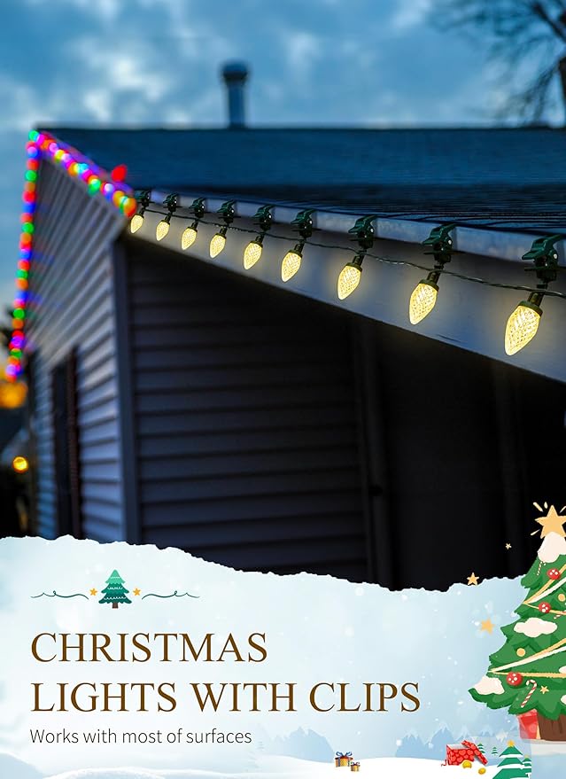 C9 LED Christmas Lights Outdoor, 99 Feet 150 LED C9 String Lights with 150 Spring Clips, Waterproof Connectable Christmas Tree Lights for Outside Roofline Patio Home Xmas Decor, Warm White