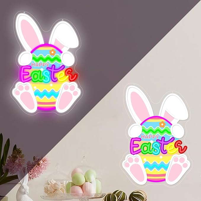 Easter Neon Sign Easter Bunny Egg Led Sign Dimmable Happy Easter Window Lights Printed Cute Bunny Light Up Signs Easters Gifts for Kids Teens Girls