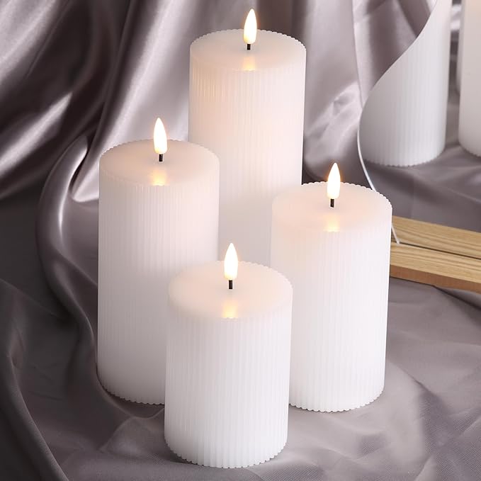 White Ribbed Flameless Pillar Candles with Remote, Flat Top Flickering LED Wax Battery Candles Set of 4, Φ 3" H 4" 5" 6" 8"
