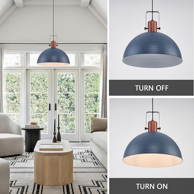 16 Inch Blue Pendant Lights Hammered Matte Pendant Lights for Kitchen Island Industrial Farmhouse Adjustable Height Dome Hanging Light Fixtures for Barn, Dining Room 2 Packs