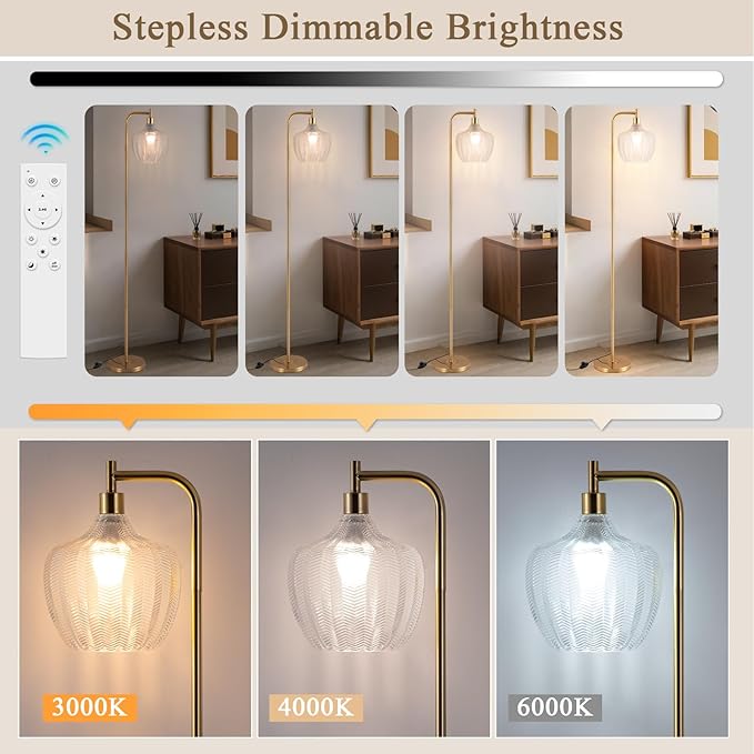 Gold Floor Lamp for Living Room, Modern Standing Lamp with Remote, Dimmable Clear Glass Tall Lamp, Mid Century Vintage Floor Lamps for Bedroom, Study Room (Clear)