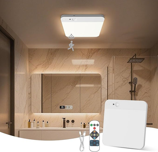 KINDEEP Battery Operated Ceiling Light: Wireless Closet Light Motion Sensor, Cordless Rechargeable Shower Light, for Bathroom, Garage, Hallway, 3 Color Temperatures Dimmable, White Shade 1Pack