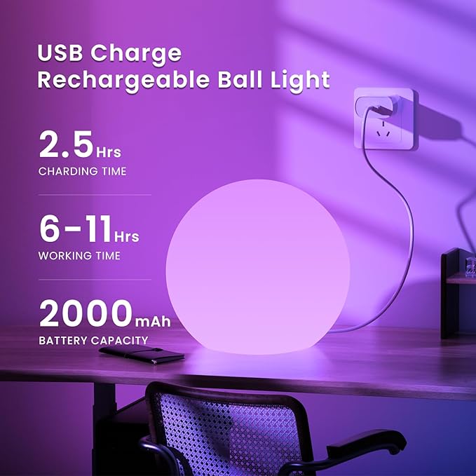 LOFTEK Pool LED Light Ball - 12-inch Sphere Lamp Rechargeable - 16 RGB Cool Lamp for Bedroom Ambient Lighting - Smart Night Light for Baby Nursery - Waterproof Light for Yard & Pool Decor, 1PCS