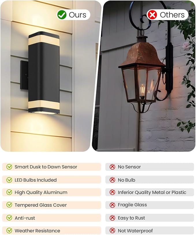 SHIMR Dusk to Dawn Outdoor Wall Light with Sensor 2 Pack, Waterproof Up and Down Outdoor Sconce Lights, Modern Black Aluminum Exterior Lighting Fixtures for Porch Patio Garage, LED Bulbs Included