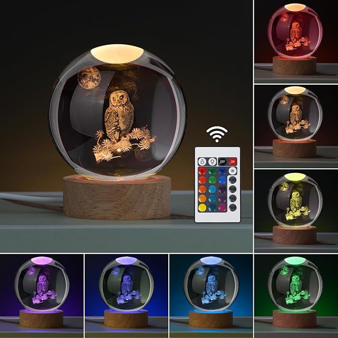 Large 3D Owl Crystal Ball Night Light, Figurines in Crystal Lamp 16 Color Changing with Remote Control for Bedroom Decor, for Teens Boys and Girls, Owl