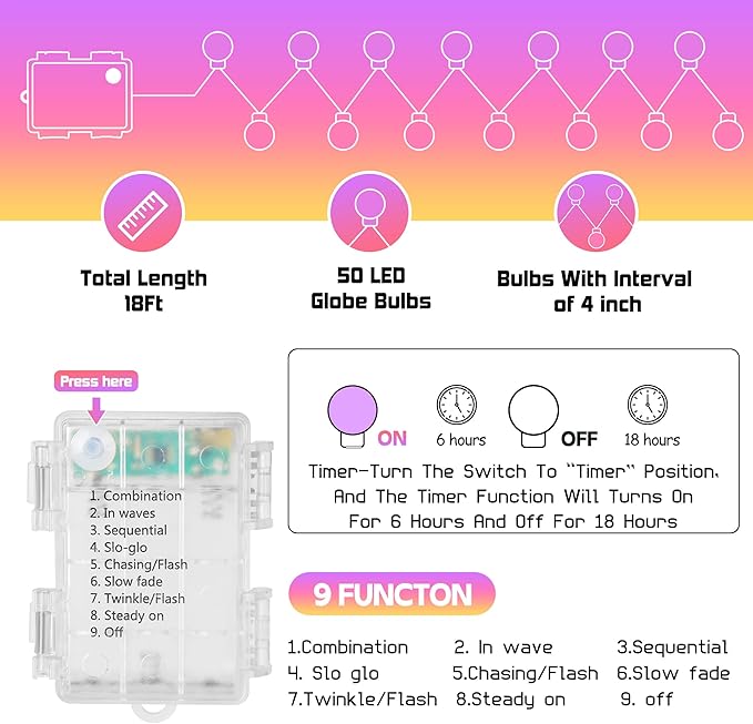 50 LED Globe String Lights - 16.4Ft Easter Pastel Colored Light with 8 Modes, Timer, Waterproof - Fairy Christmas Lighting for Outside Patio Tree Bedroom House Drom Party Garland Spring Decorations