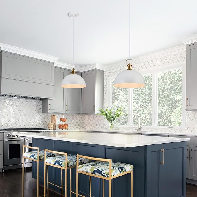 18 Inch Large Pendant Lights for Kitchen Island Matte White Farmhouse Pendant Light fixtures Adjustable Height Dome Hanging Light for Dinning Room Bedroom Hallway,1 Pack