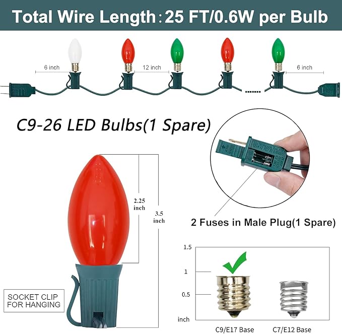 SUNSGNE C9 LED Outdoor Vintage Christmas Lights, 25FT Christmas Tree Lights with 26 0.6W LED Red Green White Bulbs(1 Spare) for Patio Garden Holiday Home Décor, Green Wire