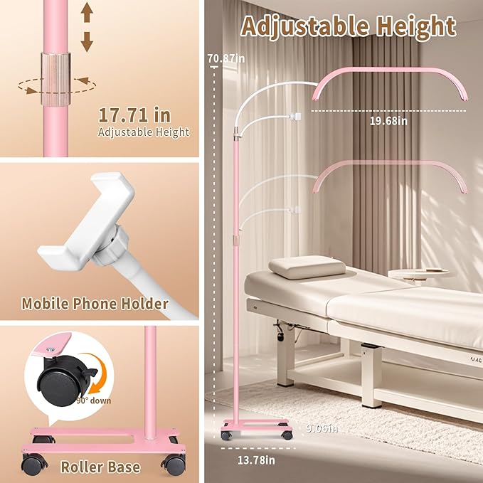HITTI Estheticians Light, Flexible Gooseneck Lash Light for Eyelash Tech, LED Half Moon Light with Phone Holder, Stepless Dimming and 7 Color Modes Floor Lash Lamp for Tattoo Artists Nail Craft- Pink