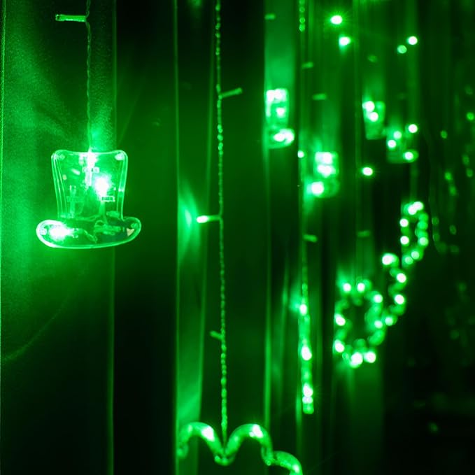 Dazzle Bright St Patrick Day Lights, 174LED 9FT Green Hat and Shamrock Curtain String Lights with 8 Modes, Plug in St Patrick Decorations for Indoor Window Outdoor Party Decor (Green)
