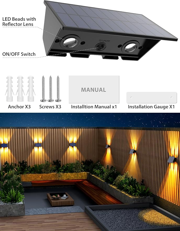 Solar Fence Lights,8Pack Solar Lights Outdoor 2700/4500/6000K 3 Mode Up & Down Solar Wall Lights Waterproof 100 Lumens Solar Powered Fence Light for Backyard/Pool/Railing/Patio/Porch/Step