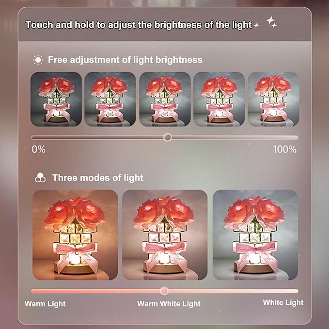 Crystal Table Lamp, Rechargeable Cordless Rose Light 3 Colors Dimmable Flower Lamp, Romantic LED Rose Diamond Lamp for Bedroom Living Pink Room Decor, Valentine Birthday Gift for Her