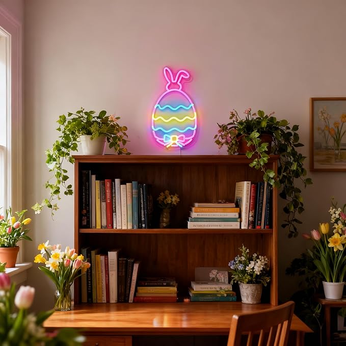 Easter Egg Neon Sign - Hidden Bunny & Colorful Eggs LED Wall Decor, USB Dimmable Spring Decor with Surprise Rabbit Design - Magical Easter Decorations for Home & Party