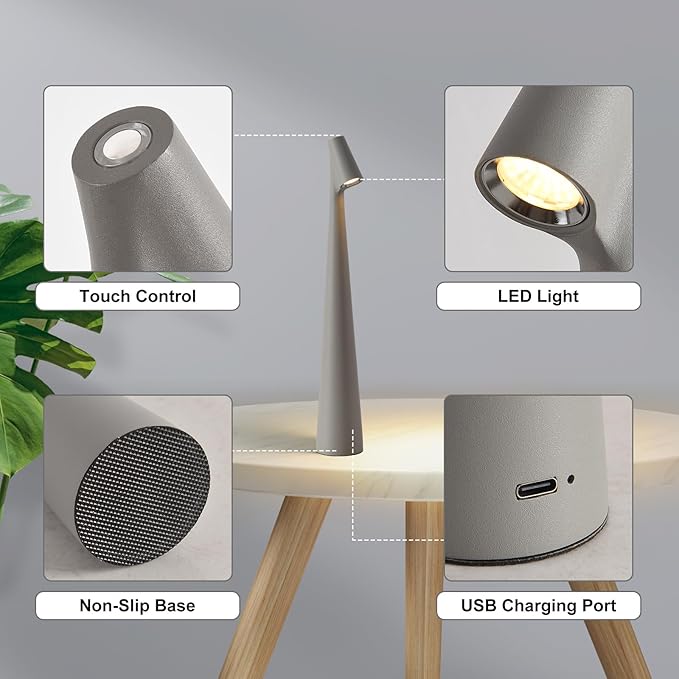 Cordless Small Table Lamps Set of 2,3 Levels Brightness Portable Desk Lamp,Rechargeable Battery Lights for Outdoor, Restaurant, Bedside, Baby Night Light(Grey)