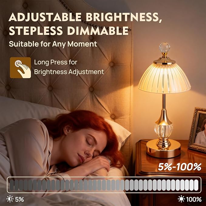 Vintage Gold Crystal Rechargeable Lamp Cordless, LED Touch Battery Operated Table Lamp, 3 Colors Dimmable Portable, Modern Home Decor, Bedroom, Bedside, Living Room, Kitchen, Pumpkin