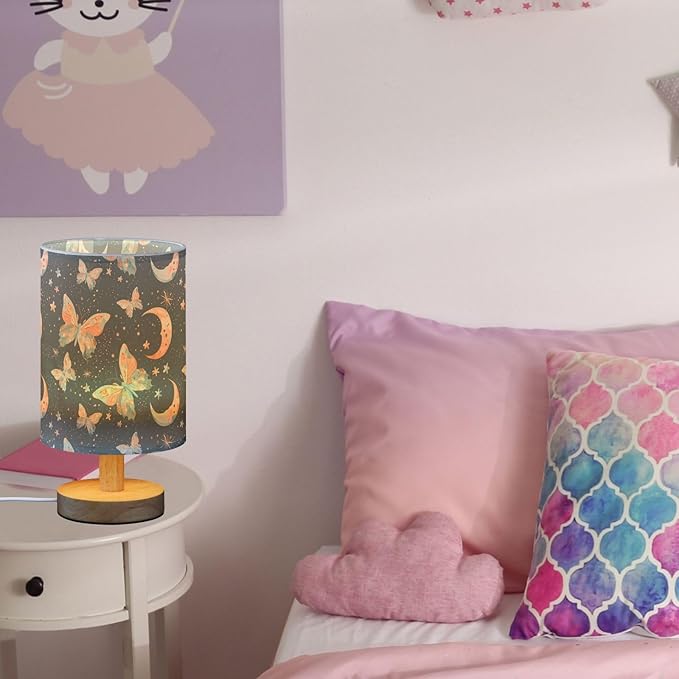 Watercolor Colorful Butterflies and Moon Stars Bedside Table Lamps with USB Port for Bedroom Lamp Accent Table Lamp Small Nightstand Lamp Linen Shade Wooden Decorative Lamps for Home|Kids|Dome