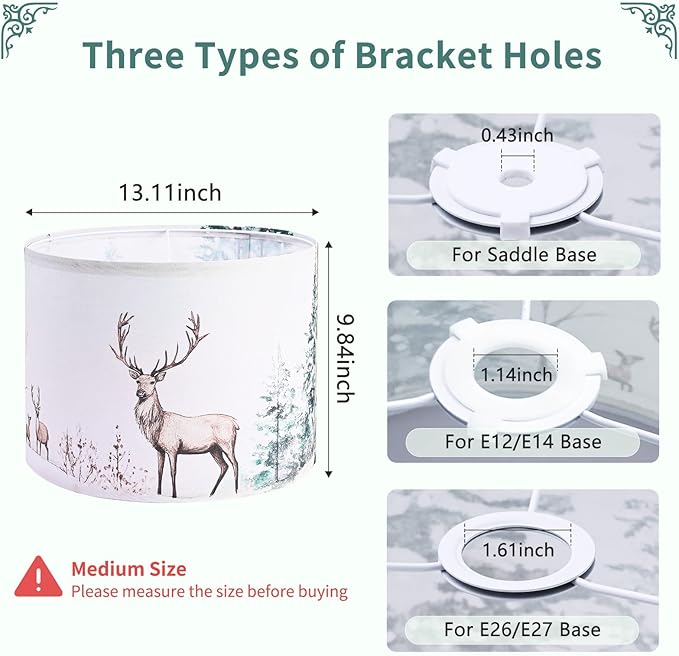 13Inch Lamp Shade, Green Forest Lamp Shades for Christmas, HD Printing Deer Lampshade, Drum Lamp Shades fit with Spider/Uno, Lamp Shades for Floor Lamps, Table Lamps(1PCS, Easy Assembly)