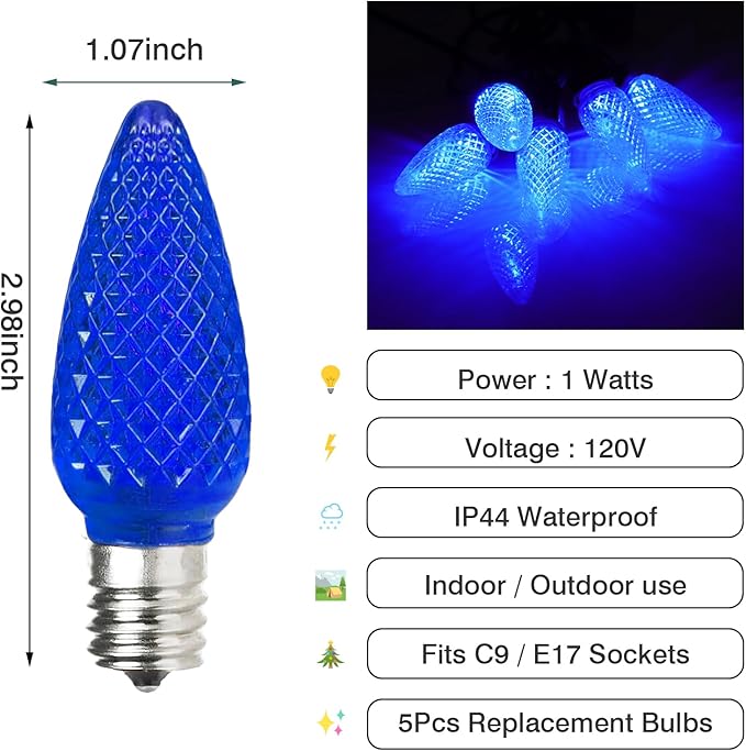 5PCS C9 LED Christmas Light Bulbs - C9 led Bulbs with E17 Base Sockets Replacement Bulbs for Outdoor String Lights - Commercial Grade Blue