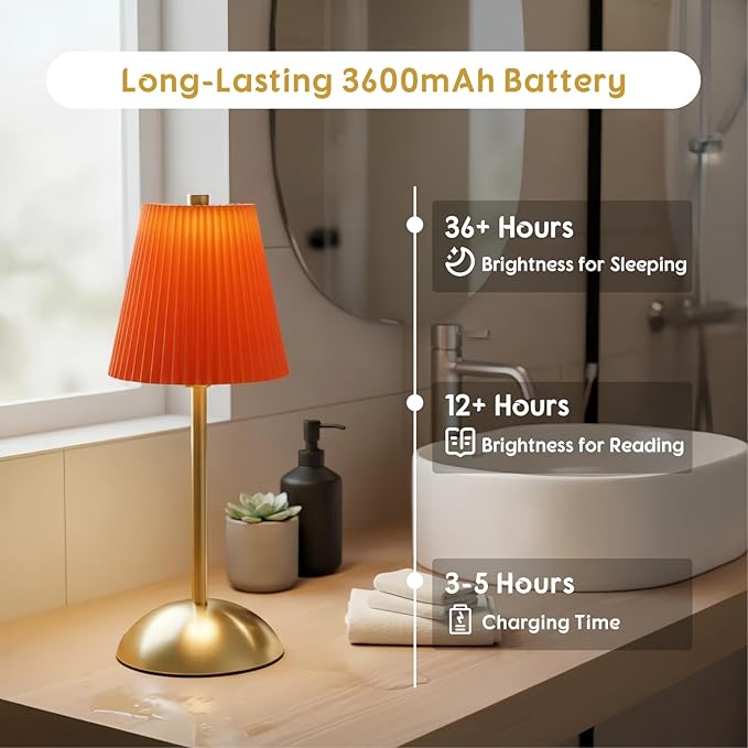 Set of 2 Cordless Table Lamps Rechargeable, 3CCT & Stepless Dimming, LED Wireless Table Lamp, Small Touch Lamp for Tabletop Bedside Patio Indoor Outdoor, 4.5" W x 11.5" H (Tangerine Orange)