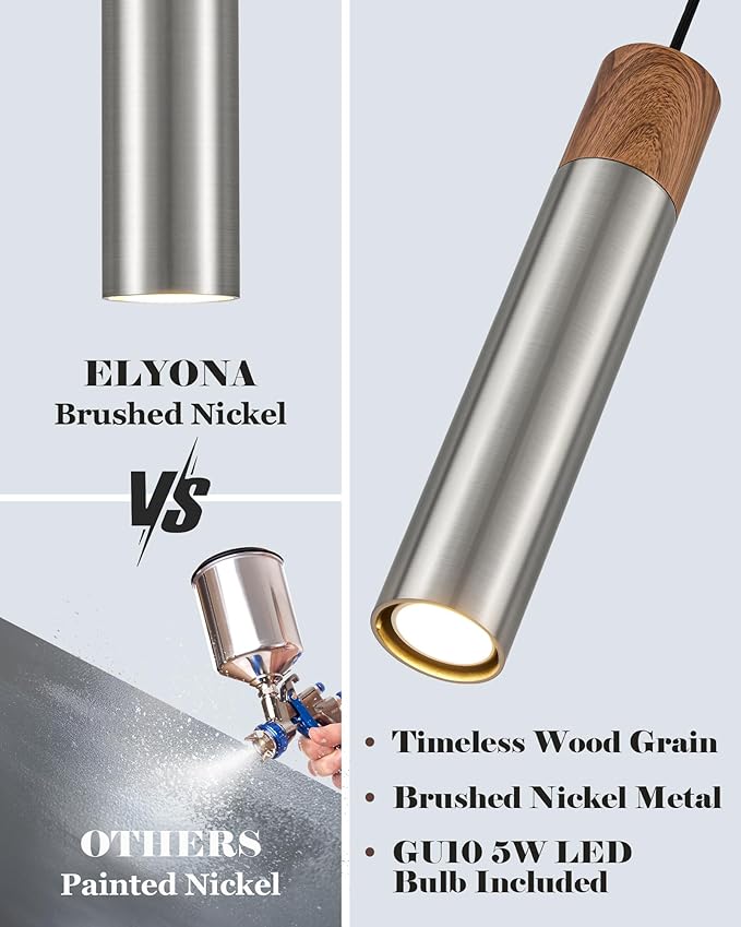 ELYONA Modern Pendant Light for Kitchen Island, Brown Wood Grain & Brushed Nickel Metal Bauhaus Hanging Light Fixture for Dining Room, Bedroom, Adjustable Height, GU10 LED Bulb Included, 1 Pack