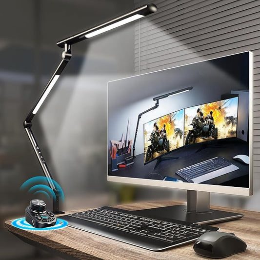 Adjustable LED Desk Lamp Modern Black - Clamp Mount Office Table Light with Desktop Remote Control, Adjustable Brightness & Color Temperature, 5 Lighting Modes for Reading, Computer, DIY