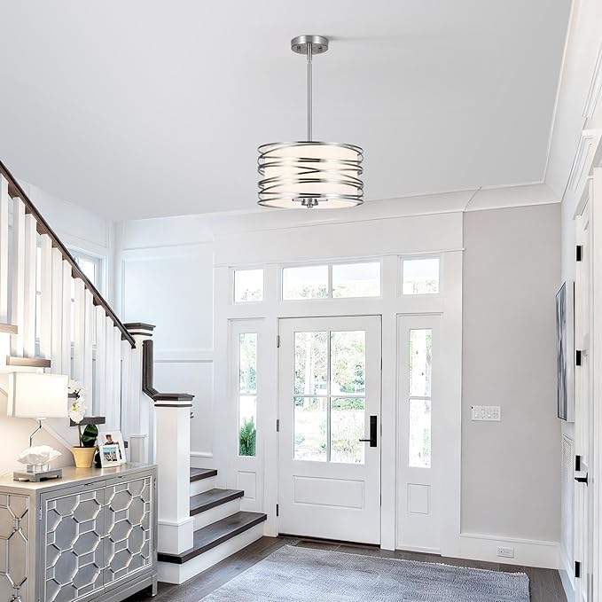 12.6'' Brushed Nickel Drum Chandelier, 3-Lights Hanging Dining Room Light Fixtures Over Table, Simple Round Pendant Lighting for Kitchen Island Hallway Bedroom Foyer Bathroom Office