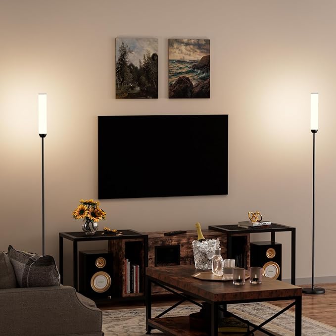 Ambimall LED Floor Lamp with Remote Control Set of 2, 64" Standing lamp with Stepless Adjustable 3000K-6500K Colors & 30-100% Brightness, Tall Lamp with Foot Switch(Black, 2 Pack)