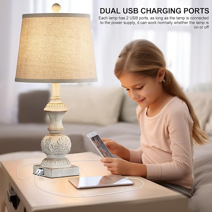 Farmhouse 3 Way Dimmable Touch Table Lamps for Living Room Set of 2 Traditional Rustic Bedside Lamps for Bedroom Nightstand 23.5" Vintage Carved Floral Night Light Lamps with USB Ports Bulb Included