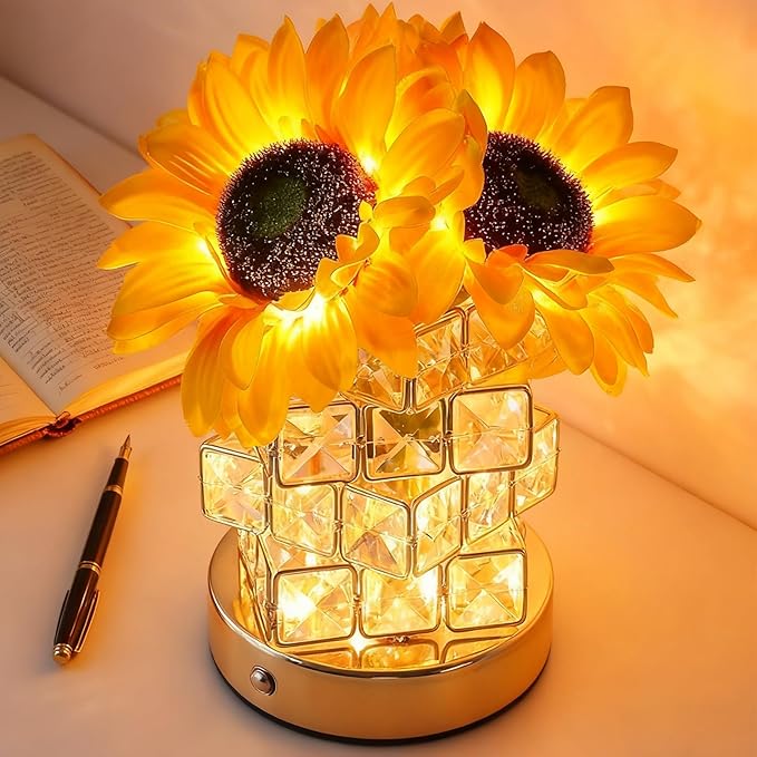 ONXE Rose Lamp, Flower Lamp 3 Colors Dimmable Crystal Table Light, Romantic Rechargeable Cordless Touch Lamp for Bedroom Living Room Pink Decor, Christmas Birthday Gifts for Women Mom (Sunflowers)