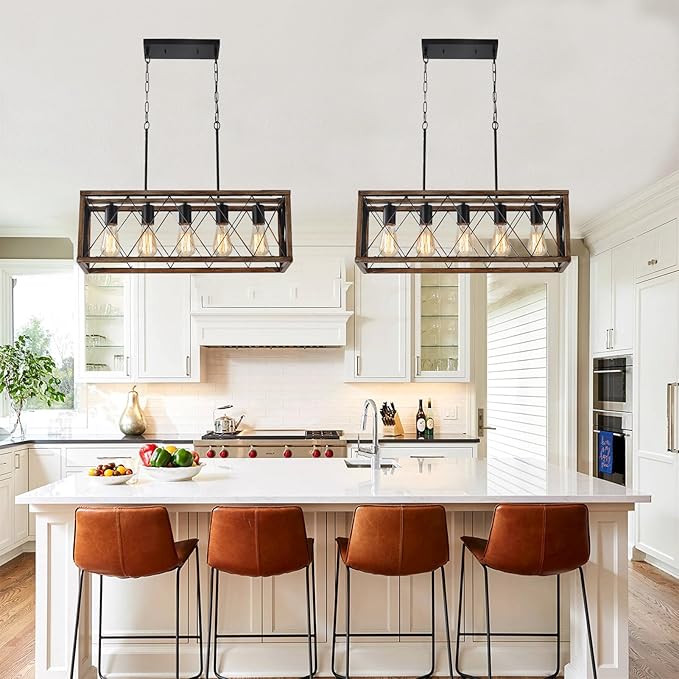 KEESFU 5-Light Dining Room Light Fixture, Farmhouse Kitchen Island Lighting,Adjustable Height Pendant Light, Rustic Linear Chandelier for Kitchen, Dining Room Table, Pool Table. (Wood Grain Color)
