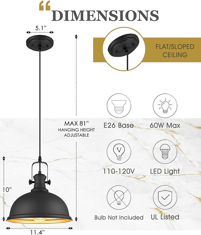 Pendant Lights Kitchen Island, Farmhouse Hanging Lights Fixtures with Metal Shade, Rustic Kitchen Pendant Lighting Over Island for Dining Room, Matte Black, AD-2151-1PL-BK