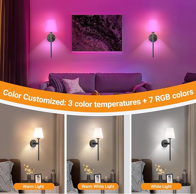 Battery Operated Wall Sconces Set Of 2, Wireless Battery Wall Light With 10000mAh RGB Rechargeable Magnetic Bulb, Rechargeable Wall Sconce With Remote Control For Bedroom, No Electrician Required