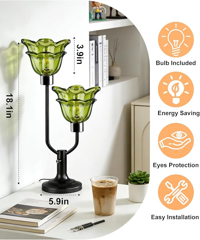 Lightdot Mid Century Modern Flower Table Lamp Black Dimmable U-Shaped Green Glass Desk Lamps with 2Pcs 3000K Warmwhite Bulbs Included Bedside Nightstand Lamp for Living Room Bedroom