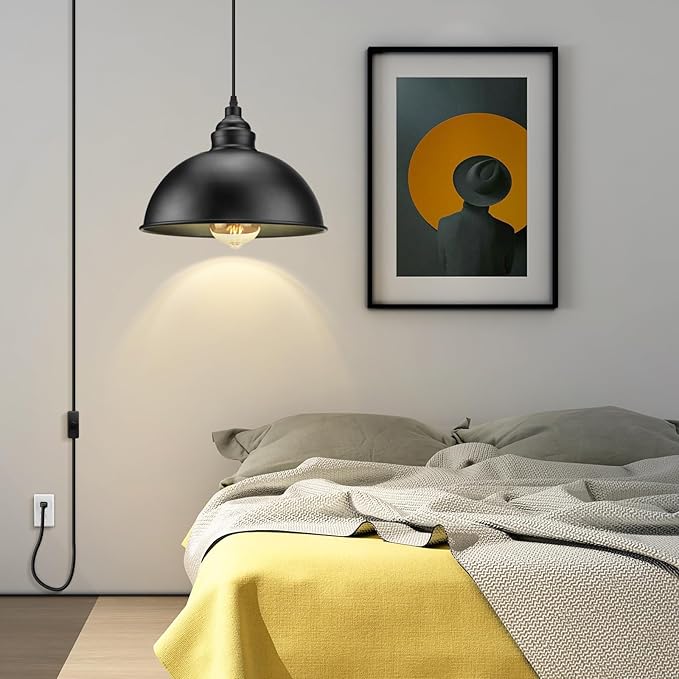 Plug in Pendant Light, 15FT Hanging Lights with Plug in Cord, On/Off Switch, Industrial Pendant Light with Plug in Cord, Metal Hanging Lamps for Living Room, Kitchen, Dining Room-Large Black