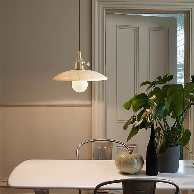 Natural Stone Shade Dome Pendant Light Wabi Sabi Style Island Pendant Lights Nordic Marble Hanging Light for Kitchen Island Dining Room, Wire Adjustable