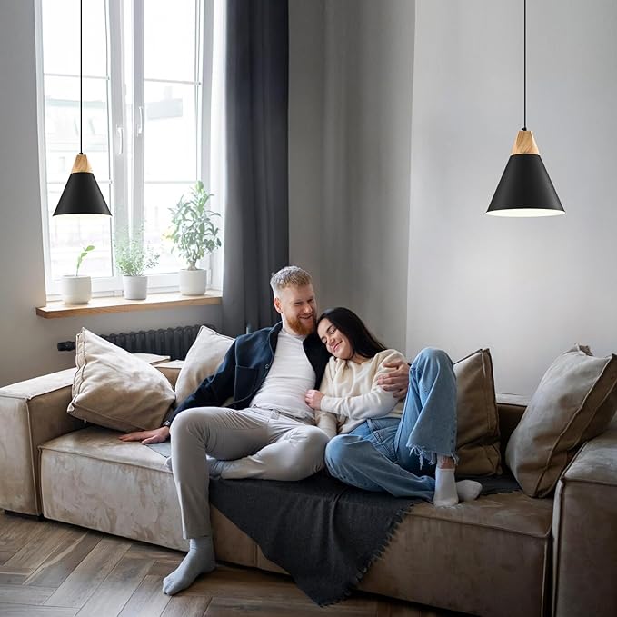 Black Plug in Pendant Light 11.8ines, 14.7ft, 2 Packs -Farmhouse Pendant Light, Industrial Kitchen Pendant Lights, Hanging Pendant with Plug in Cord for Kitchen Island, Office, Desk, Bedroom