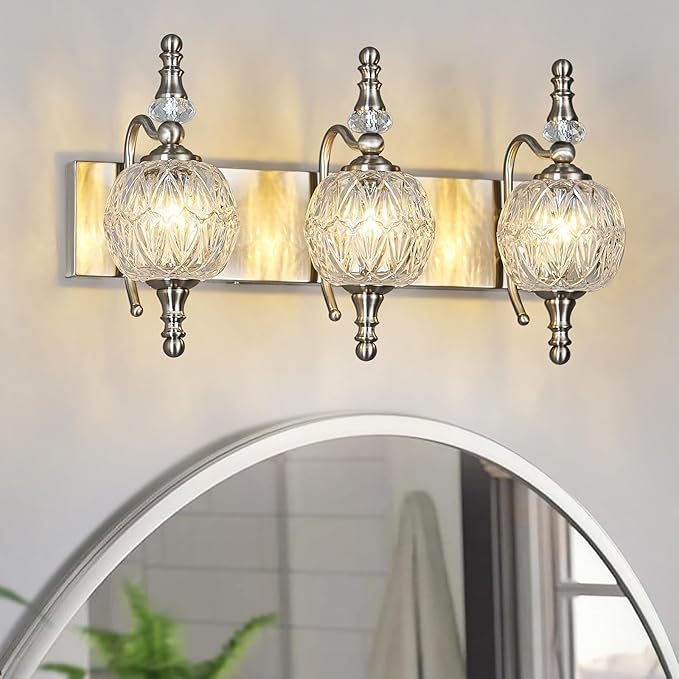 Modern Crystal Bathroom Vanity Lights Fixtures Over Mirror Brushed Nickel Vintage 3-Lights 20 Inch Bathroom Light Fixtures Glass Crystal Vanity Lights
