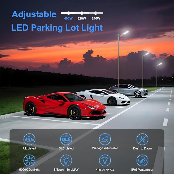 KUKUPPO 2Pack 400W LED Parking Lot Light Power Adjustable, Dusk to Dawn 60,000LM LED Shoebox Flood Pole Light Outdoor Parking Lighting Arm Mount 5000K IP65 Waterproof 100-277V DLC UL Listed